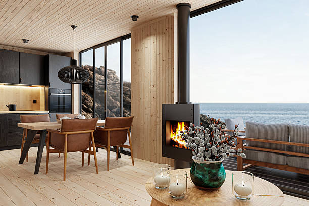 istock Scandinavian Log Cabin Interior with Open Space and Sea View 2213976284