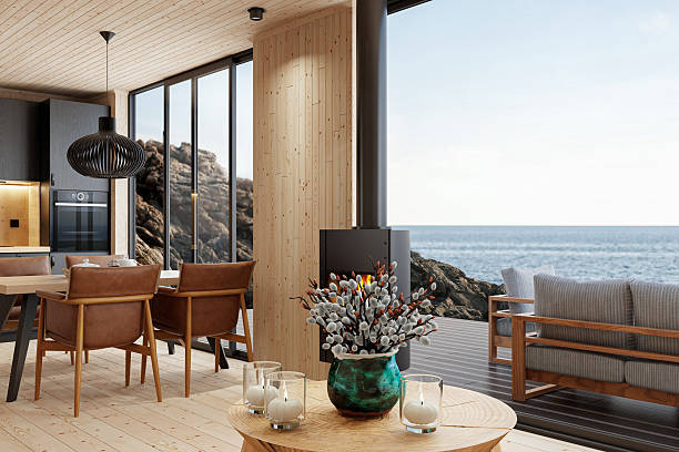 Scandinavian Log Cabin Interior with Open Space and Sea View
