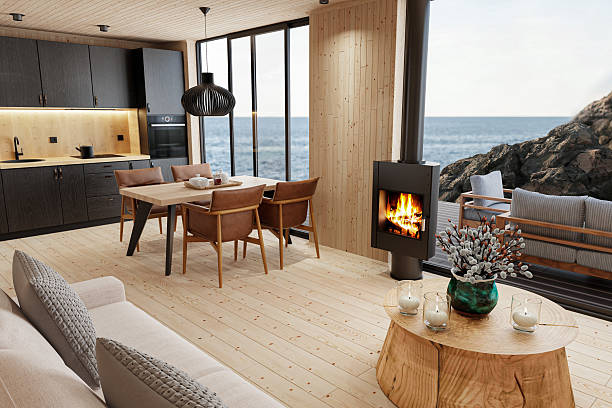 istock Scandinavian Log Cabin Interior with Open Space and Sea View 2213976333