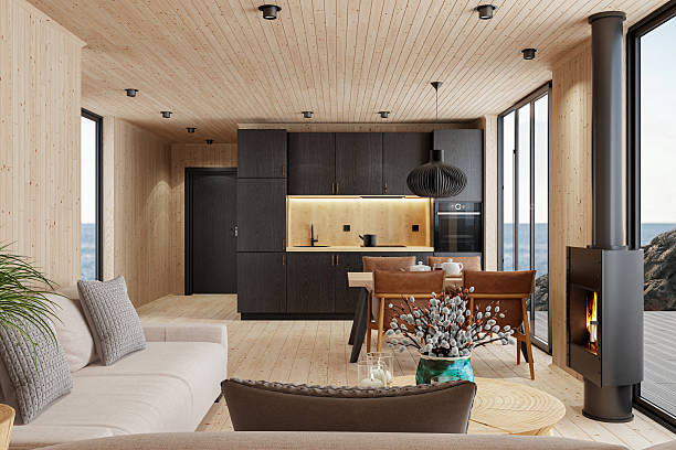 istock Scandinavian Log Cabin Interior with Open Space and Sea View 2213976399