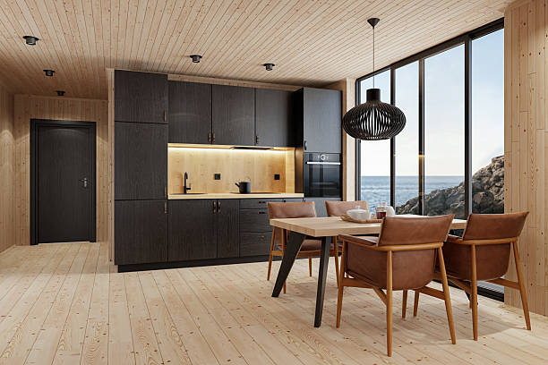 Modern kitchen in classic villa, loft, big panoramic windows on winter meadow, white and gray minimalist interior design