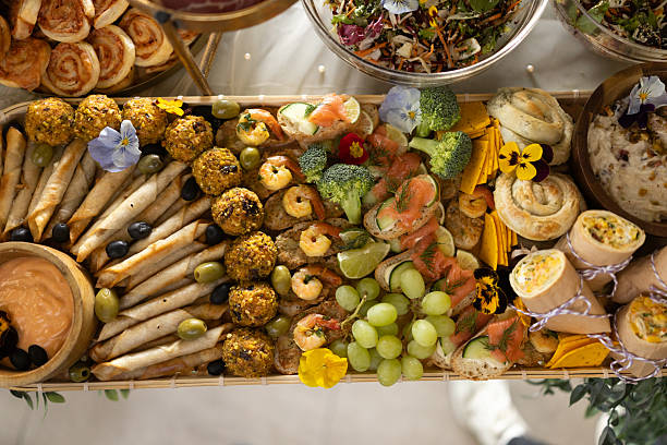 High angle shot of beautifully decorated catering banquet table set during party without people