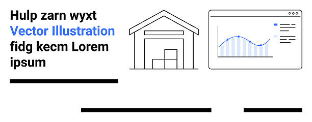 Warehouse and Data Analytics Design for Navigating Business Solutions and Efficiency Warehouse outline with boxes next to a data analysis graph interface. Ideal for logistics, business analytics, inventory management, warehousing, e-commerce, supply chain, and data visualization logistics dashboard ui stock illustrations