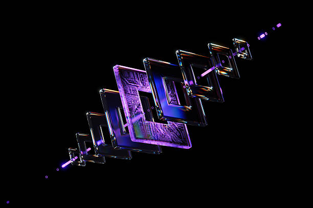 Abstract Geometric Glass Elements on a Black Background with Purple Reflections. Digital art