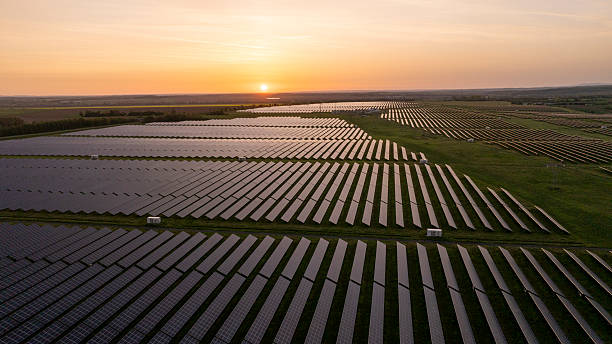 istock Solar Panels Farm Capturing the Last Rays of Setting Sun Over Vast Fields 2213999016