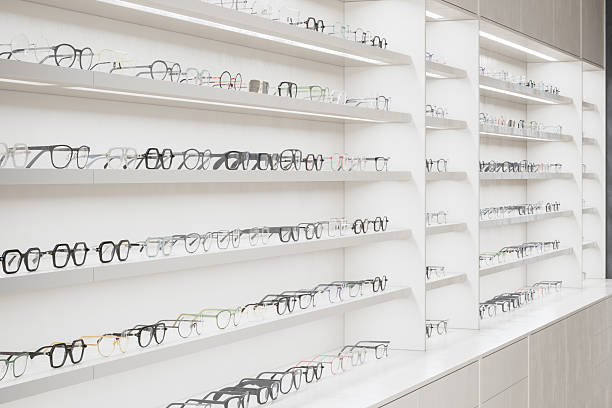Optical Store Interior With Close-up Of Eyeglasses On Display Shelf
