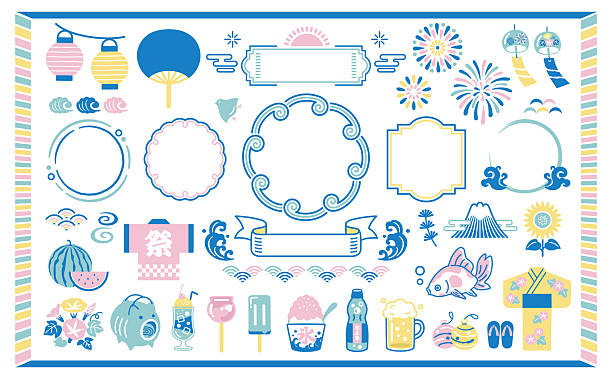 Summer Japanese style frame and icon set
