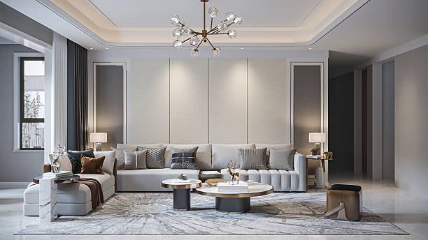 istock Modern Living Room with Chandelier and Sectional Sofa 2214003934