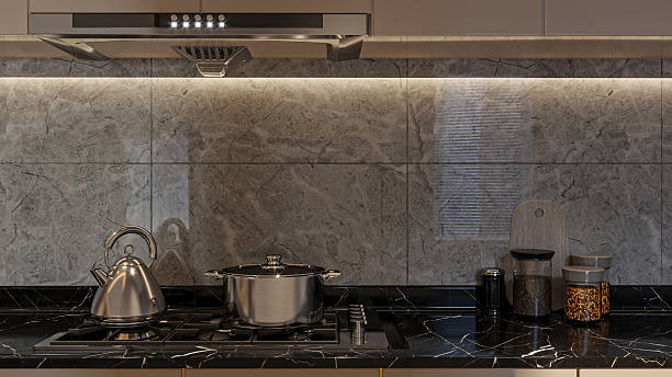 istock Black Marble Kitchen Countertop with Gray Marble Backsplash 2214004005