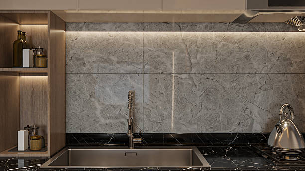 istock Modern Kitchen Sink with Black Marble Countertop and Gray Marble Backsplash 2214004052