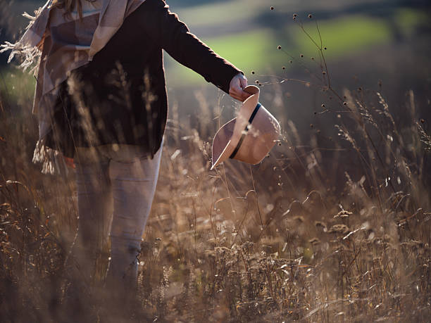 Back view of unrecognizable woman touching tall grass while walking in autumn day. Copy space. Photographed in medium format.