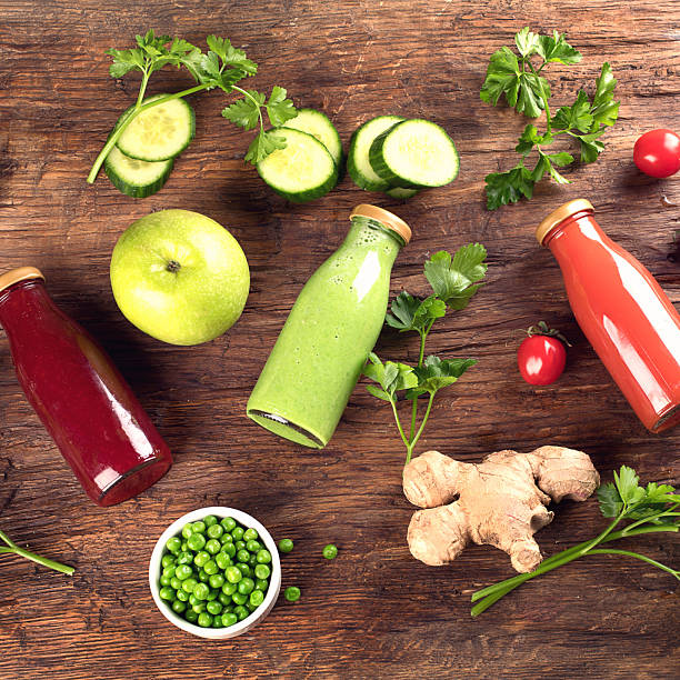 Fresh smoothie and juices with vegetables.