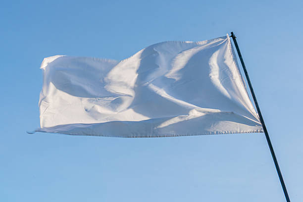 istock A large white, slightly rippling wind flag attached to a pole against a clear sky backdrop, with soft shadows and visible creases a a 2214009125