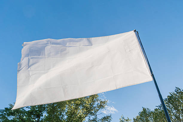 istock Large white flag fluttering against a clear blue sky, mounted on a metal pole, no markings, outdoor setting with distant greenery, bright lighting, no people or animals, realistic style, vibrant colo 2214009190