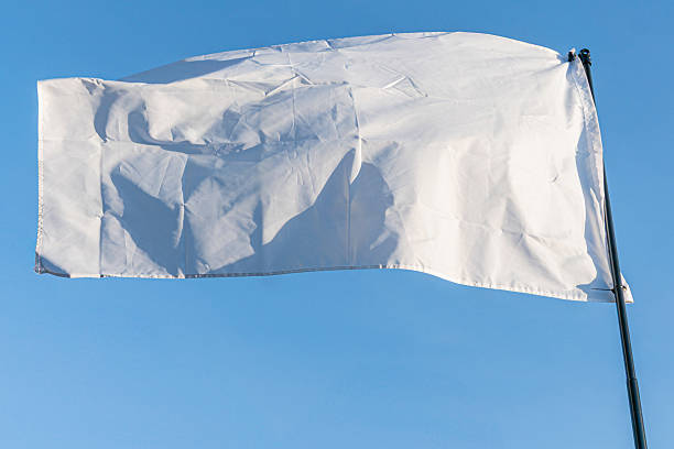 istock Clear blue sky, large white flag, fluttering, wind, pole, daytime, realism, color, texture, no markings, fair weather, below perspective, significance a a 2214009198