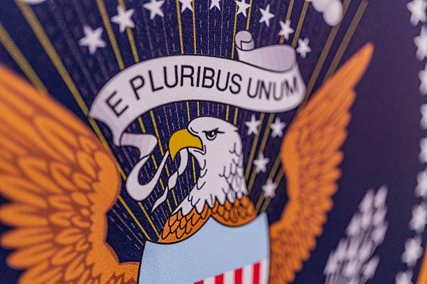istock Graphic representation of an American eagle brownbeige feathers, lighter headtail holding a E PLURIBUS UNUM banner Background features dark blue with stylized stars resembling the US flag 2214010203