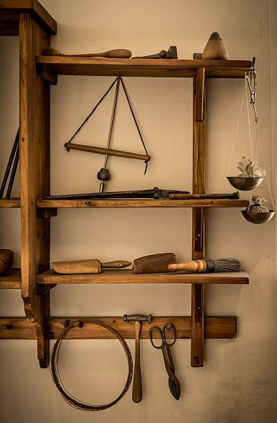 istock Rustic Wooden Shelf with Vintage Tools 2214012868