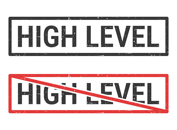 High Level. Rubber stamps for your own design, isolated on a blank background. The first stamp is in black ink. The second stamp is in red ink with the text in black. The text is crossed out with a red line, it is an exclusion or prohibition stamp. The rubber stamps have a slight grunge texture. Vector Illustration (EPS file, well layered and grouped). Easy to edit, manipulate, resize or colorize. Vector and Jpeg file of different sizes.