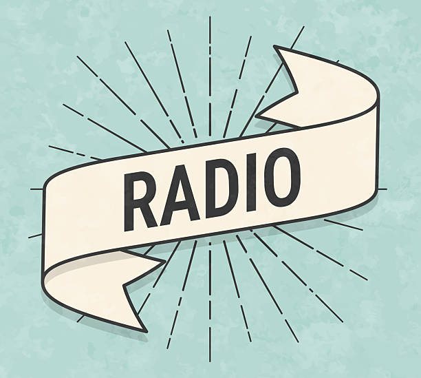 Radio. Banner, ribbon, label in a trendy vintage style. Beautiful retro ribbon with old textured paper and sunbursts in the background. Colors used: green, blue, beige and black. The banner is beige with a black outline, the sunbursts and the text are black. The background is green-blue. Vector Illustration (EPS file, well layered and grouped). Easy to edit, manipulate, resize or colorize. Vector and Jpeg file of different sizes.