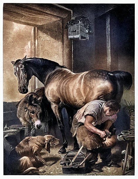 Blacksmith or farrier shoeing a horse while a dog and donkey look on, Victorian 19th Century art, Vintage illustration
