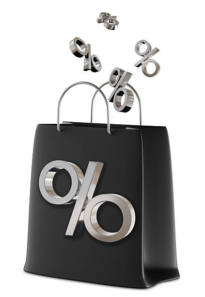 Black shopping bag with chrome discount signs, isolated on white background. Ideal for e-commerce, fashion branding, and retail promotions, showcasing a minimalistic design. 3D render