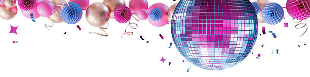 istock Colorful header composition showcases iridescent disco ball adorned with vibrant garland and confetti, perfect for festive occasions and celebrations. Top border, wide panoramic design element. 3D. 2214021941