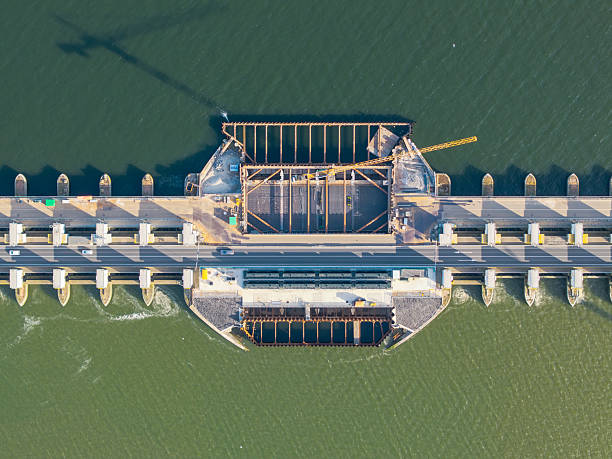 Aerial of sluice dam under construction, Afsluitdijk, Netherlands