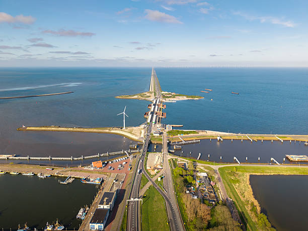 istock Afsluitdijk coastal dam and sluice complex, aerial panorama 2214024366