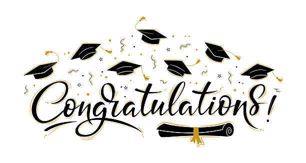istock Graduation greeting lettering sign with square academic caps high into the air. Vector design for grad, congratulation ceremony, invitation card, banner. Grads symbol for university, high school 2214024374