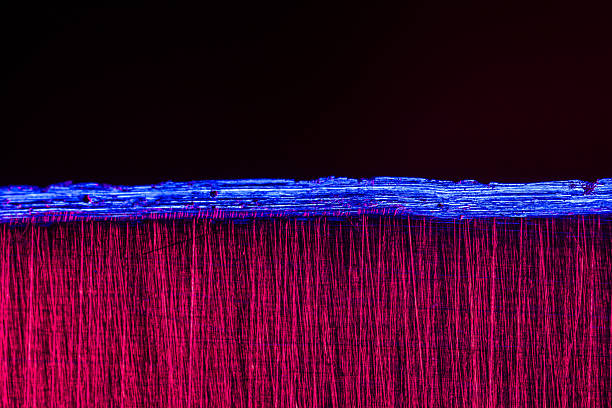 Abstract close-up view of colored metallic surface in vibrant red and blue luminance, showcasing contrasting textures under creative lighting for artistic and design inspiration.