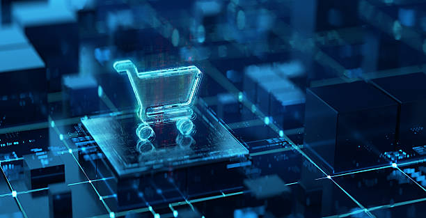 istock Shopping cart icon on digital display. Online shopping evolution futuristic background 2214025384