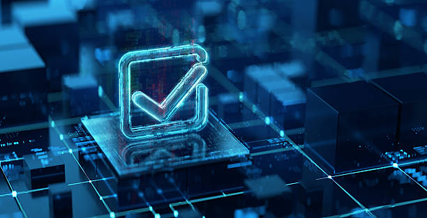 istock Digital check mark icon on technology background. Productivity and rating evolution. Futuristic checkmark sign in world of technological progress and innovation 2214025408