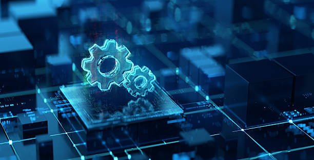 istock Glowing gear symbol on blue futuristic background. Digital technology concept representing modern tech, preferences and settings 2214025435