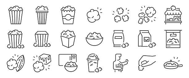 Popcorn icon set. It includes snack, corn, dessert, crispy and more icons. Editable Vector Stroke. Popcorn icon set. It includes snack, corn, dessert, crispy and more icons. Editable Vector Stroke. caramel stock illustrations