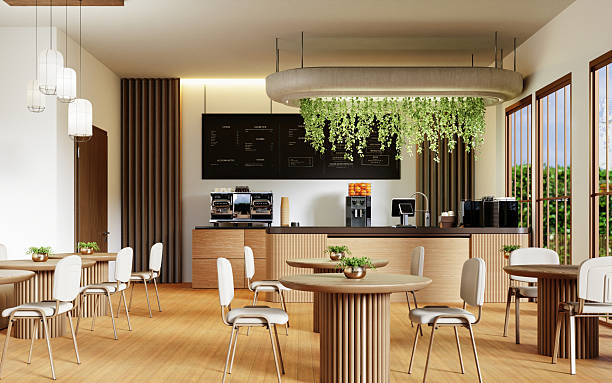 Sustainable cafe interior design with modern decor. 3D render illustration