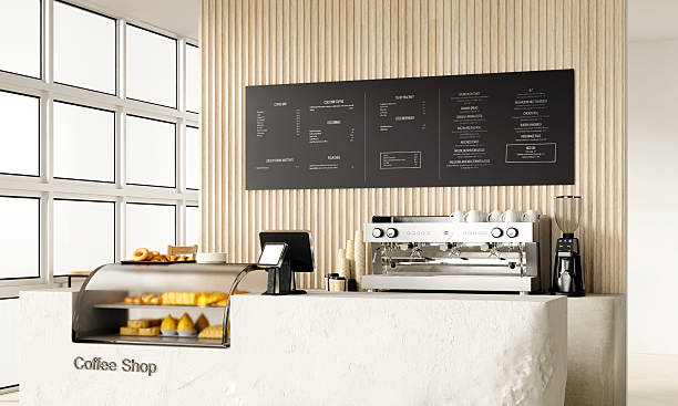 istock Functional coffee shop counter with modern layout. 3D render illustration 2214028119
