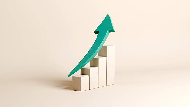 Upward Growth Concept with Green Arrow Rising Over Bar Chart on Minimal Beige Background, 3D Render