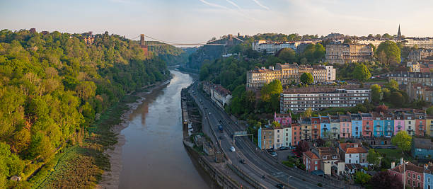 Aerial view of the landmark of Bristol, Clifton Suspension Bridge and Clifton Observatory, in a overcast day, winter.