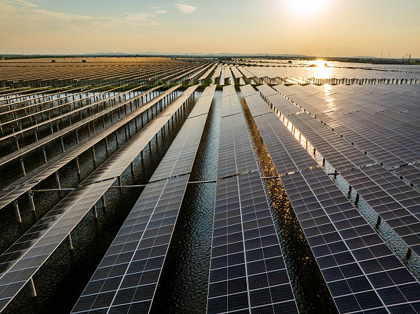 istock Solar panels at sunset，solar power plant 2214043147
