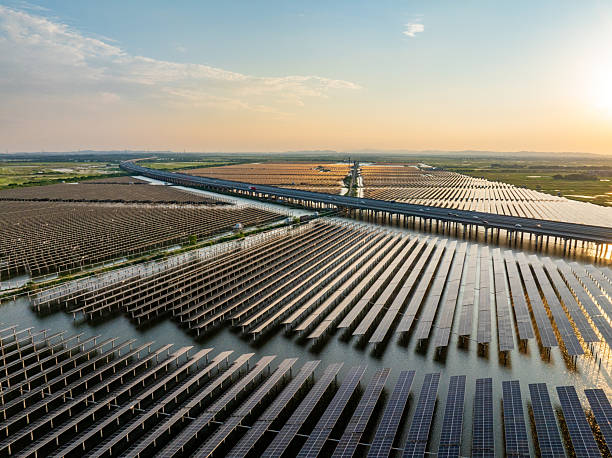 istock Solar panels at sunset，solar power plant 2214044558