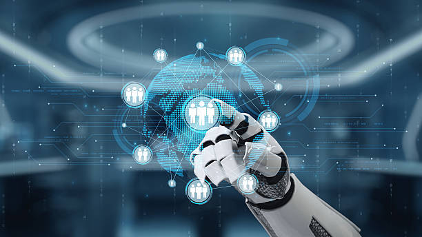 istock Futuristic Robot Hand Interacting with Digital Network and Global Connection in a High-Tech Environment. Auvana 2214045046