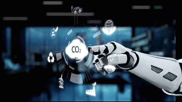 istock Futuristic Robot Hand Interacting with Digital Carbon Emission Icons in High-Tech Office Environment. Auvana 2214045118