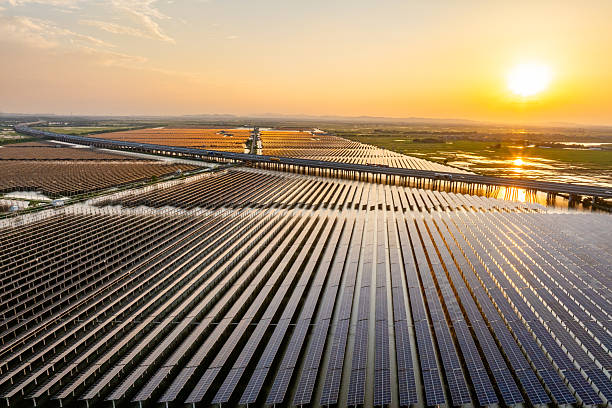 istock Solar panels at sunset，solar power plant 2214045197