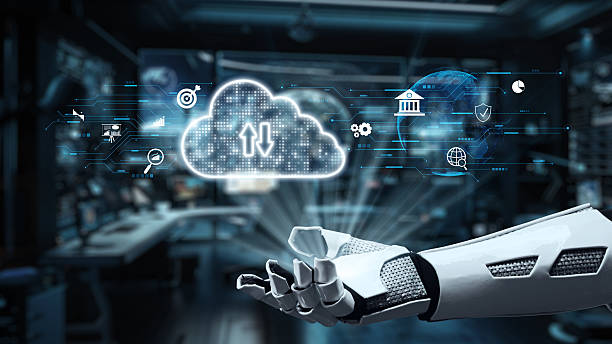istock Futuristic robotic hand interacting with digital cloud symbols and technology icons in a modern cyber environment with data streams and advanced computing visuals. Auvana 2214045230
