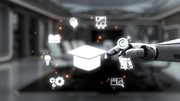 istock Futuristic Robotic Hand Interacting with Educational Icons and Graduation Cap in a Modern Learning Environment. Auvana 2214045797