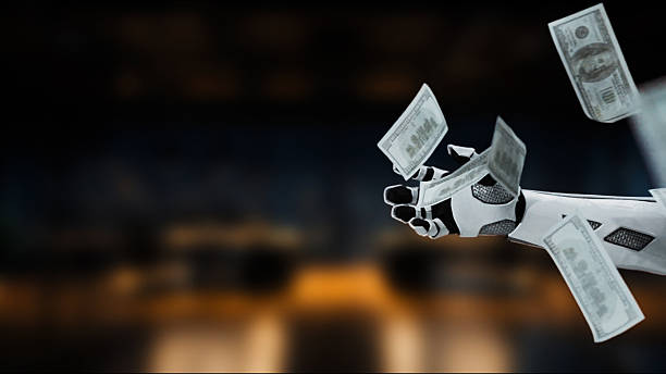 Futuristic robotic hand releasing banknotes in a modern financial environment, symbolizing technology's role in business and monetary transactions