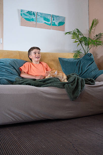 istock Happy boy laughing with pet cat on sofa at home 2214048716