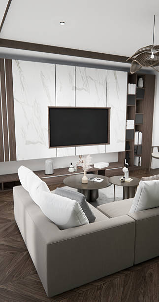 istock Cabinet wall shelves on empty room with decoration ,lamp, plants, carpet, sofa.3D rendering 2214055876