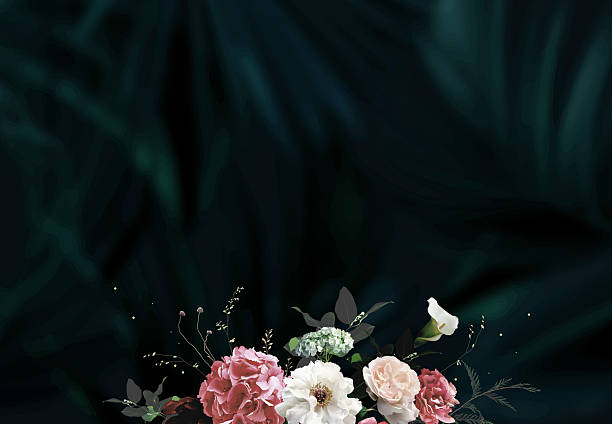 istock Elegant fall dark frame, arranged leaves and flowers. Pink garden rose, white peony, hydrangea, ranunculus, calla lily 2214070650