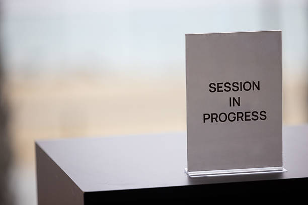 istock Minimalist acrylic tabletop sign in an elegant corporate setting. 2214071721